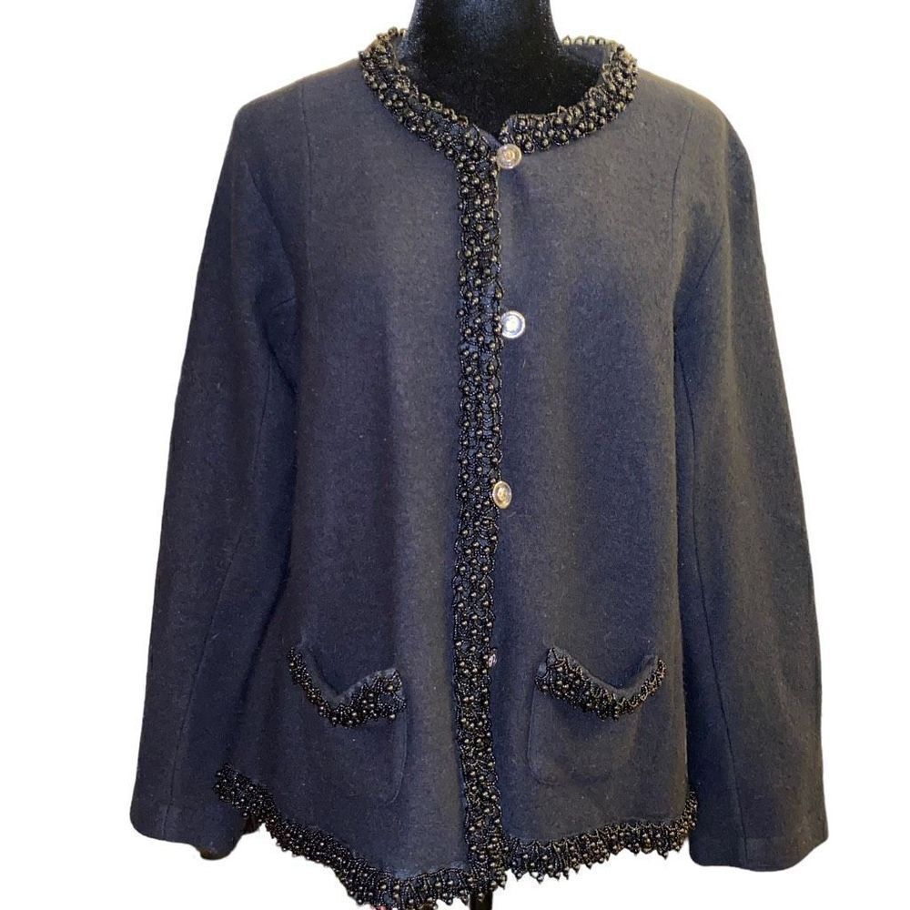 Chico’s Jazzy Jewel Black Wool Embellished Cardigan‎ Jacket L / 12/ 2